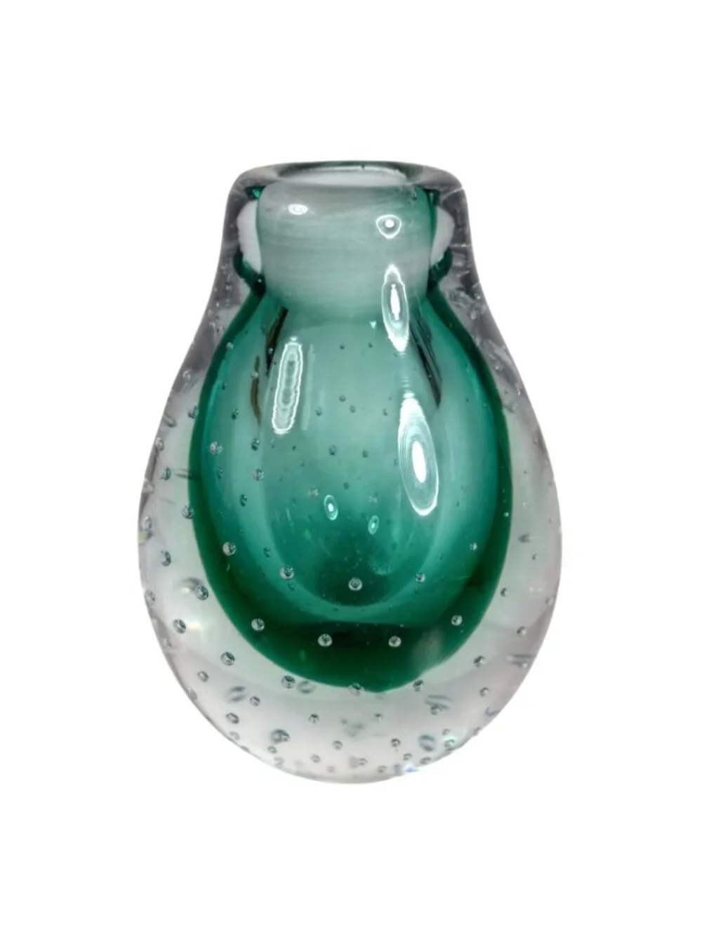 Small Teardrop Teal Green and Clear Glass Controlled Bubble Art Vase Paperweight